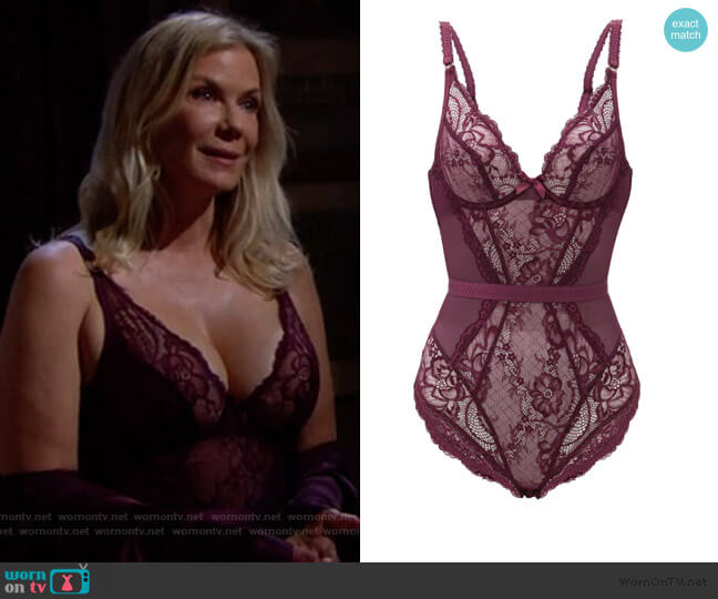 Agent Provocateur Carmella floral-lace bodysuit worn by Brooke Logan (Katherine Kelly Lang) on The Bold and the Beautiful