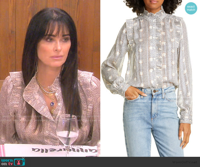 Ba&Sh Precious Pleated Ruffle Detail Long Sleeve Blouse worn by Kyle Richards on The Real Housewives of Beverly Hills