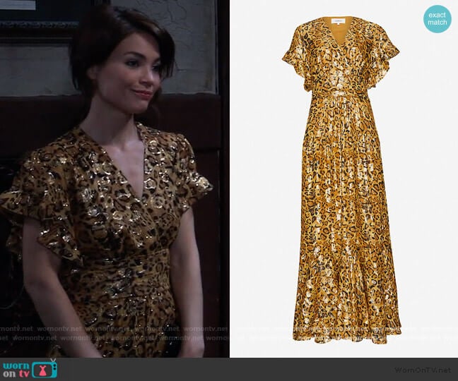 Ba&sh Gemma leopard-print silk-blend maxi dress worn by Elizabeth Webber (Rebecca Herbst) on General Hospital
