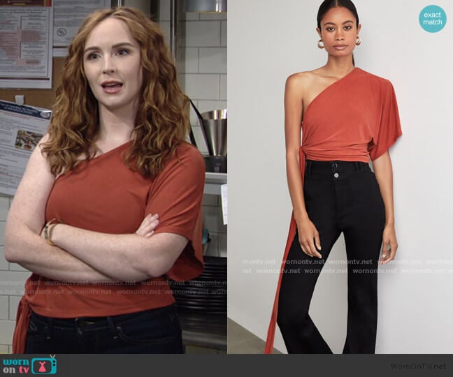 Bcbgmaxazria One Shoulder Tie Front Bodysuit worn by Mariah Copeland (Camryn Grimes) on The Young and the Restless