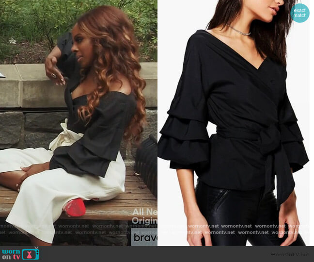 Boohoo Ruffle Tiered Sleeve Wrap Top worn by Candiace Dillard Bassett on The Real Housewives of Potomac