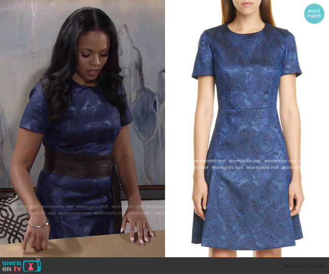 Boss Dargy Jacquard Short Sleeve A-Line Dress worn by Amanda Sinclair (Mishael Morgan) on The Young and the Restless