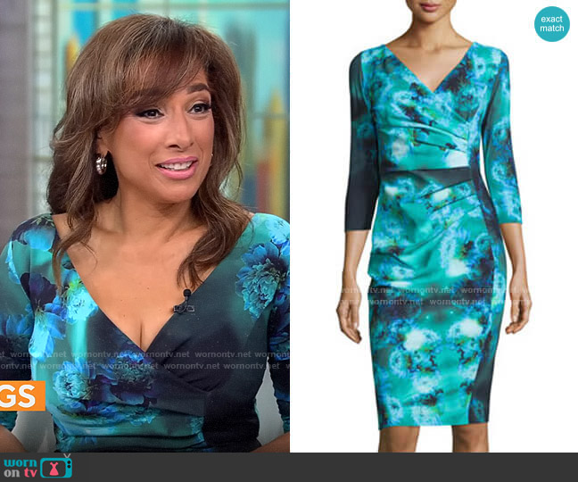La Petite Robe di Chiara Boni 3/4-Sleeve Ruched Floral Cocktail Dress worn by Michelle Miller on CBS Mornings