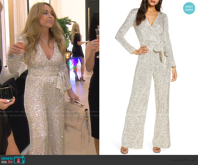 Eliza J Sequin Wrap Front Long Sleeve Jumpsuit