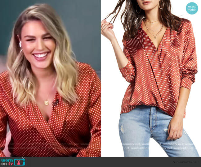 Endless Rose Polka Dot Satin Wrap Blouse worn by Carissa Loethen Culiner on E! News