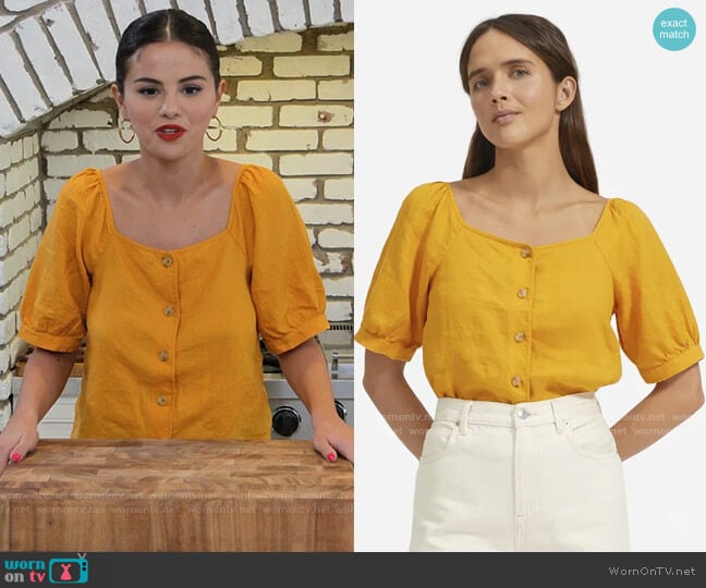 Everlane The Linen Puff-Sleeve Top in Marigold worn by Selena Gomez on Selena + Chef