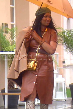 Garcelle’s brown leather shirtdress on The Real Housewives of Beverly Hills