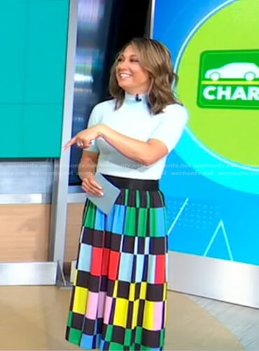 Ginger’s blue crochet knit top and geometric print skirt on Good Morning America