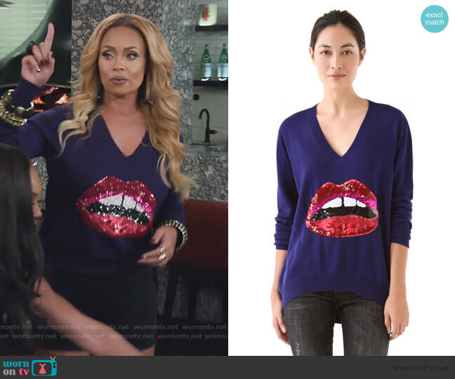 Markus Lupfer Sequined Red Lip Joey Sweater worn by Gizelle Bryant on The Real Housewives of Potomac