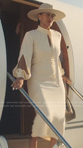 Grace’s ivory long sleeved keyhole dress on The High Note