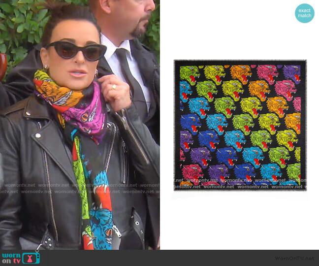 Gucci Rainbow Panther Print Modal & Silk Shawl worn by Kyle Richards on The Real Housewives of Beverly Hills