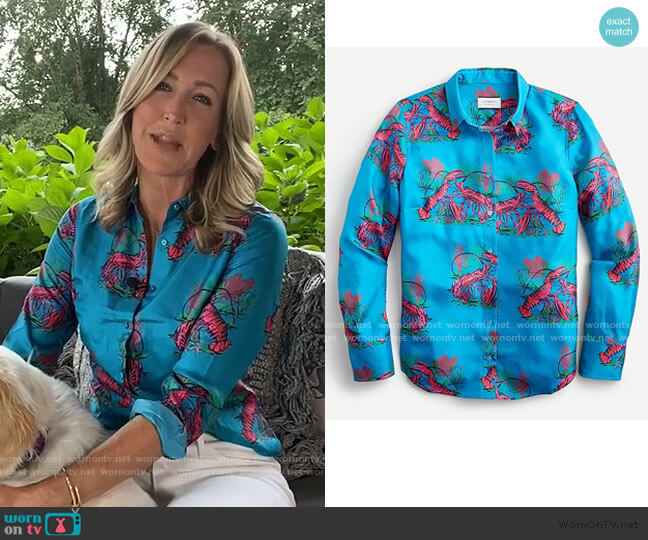 J. Crew Collection Silk Twill Shirt in Lobster Print worn by Lara Spencer on Good Morning America