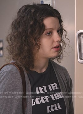 Jullian’s black Let The Good Times Roll print tee on Trinkets