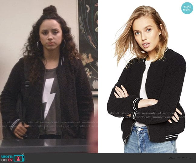 Lucky Brand Anaelisa Fleece Bomber Jacket worn by Moe Truax (Kiana Madeira) on Trinkets