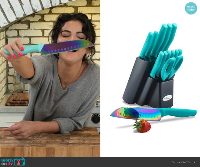 Marco Almond Rainbow Titanium Cutlery Knife Set in Turqoise worn by Selena Gomez on Selena + Chef