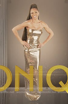 Monique’s gold off shoulder dress on The Real Housewives of Potomac