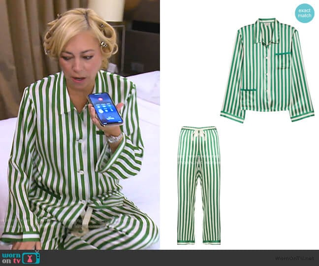Morgan Lane Ruthie Silk Stripe Pajama Top worn by Sutton Stracke on The Real Housewives of Beverly Hills