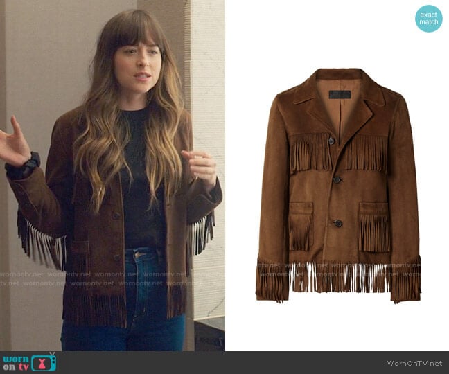 Nili Lotan Frida fringed suede jacket worn by Maggie Sherwoode (Dakota Johnson) on The High Note