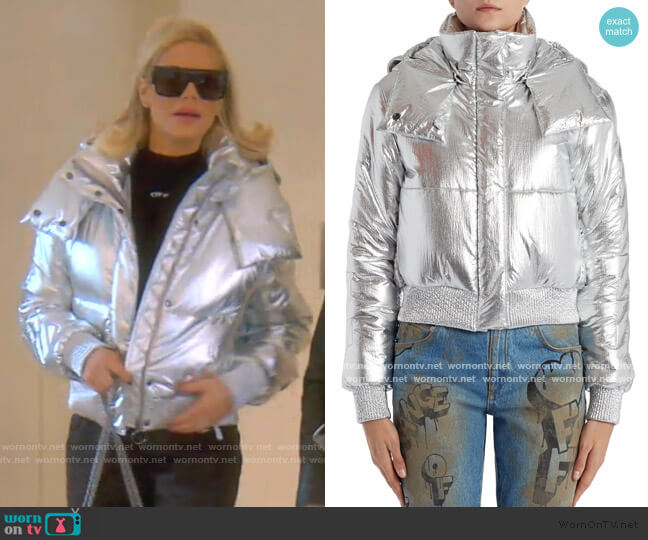 Off-White Logo Metallic Puffer Jacket worn by Dorit Kemsley on The Real Housewives of Beverly Hills