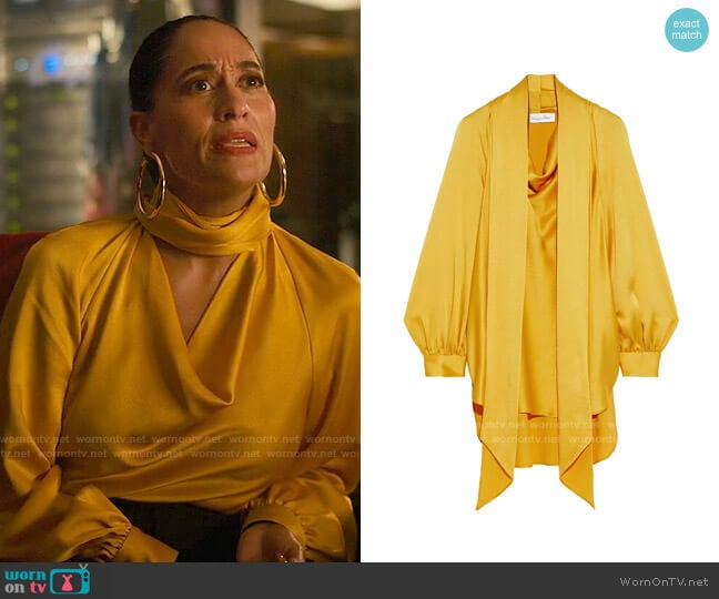 Oscar de la Renta Tie-neck draped satin-crepe blouse worn by Grace Davis (Tracee Ellis Ross) on The High Note