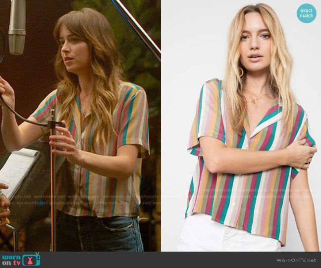 Rails Maui Top in Silk Farrah Stripe worn by Maggie Sherwoode (Dakota Johnson) on The High Note