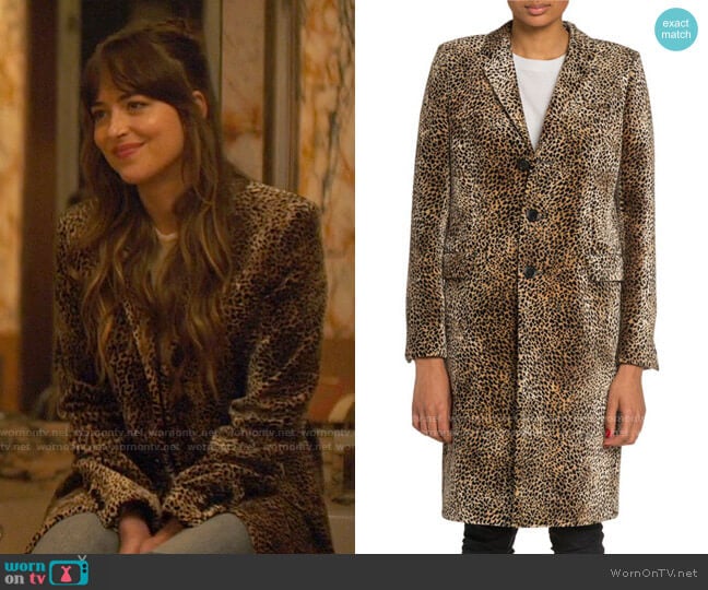 Saint Laurent Mini Leopard Print Velvet Coat worn by Maggie Sherwoode (Dakota Johnson) on The High Note