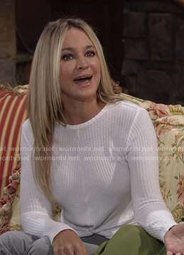 Sharon’s white twist hem waffle top on The Young and the Restless