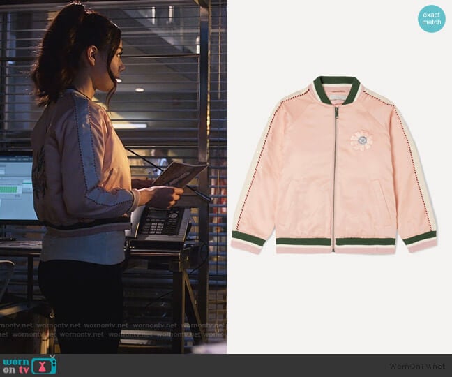 Stella McCartney Floral-embroidered satin bomber jacket worn by Ella Lopez (Aimee Garcia) on Lucifer