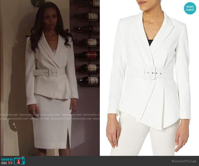 Tahari ASL Belted Asymmetrical Crepe Blazer worn by Amanda Sinclair (Mishael Morgan) on The Young and the Restless