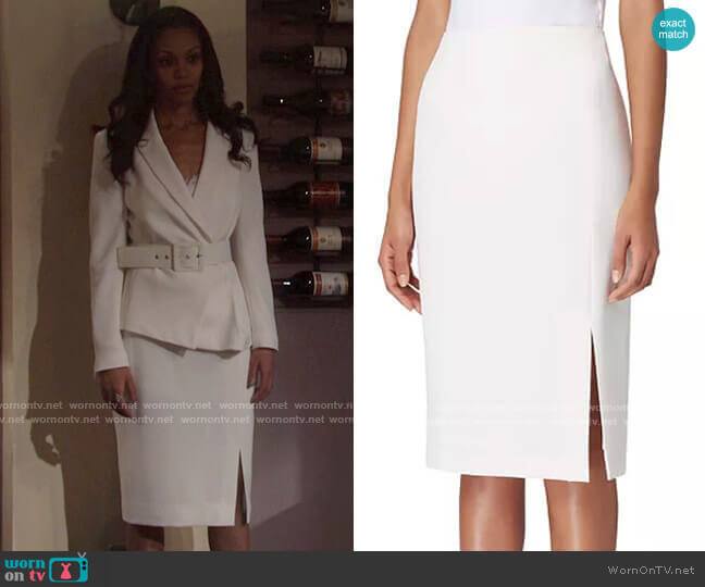 Tahari ASL Front-Slit Crepe Pencil Skirt worn by Amanda Sinclair (Mishael Morgan) on The Young and the Restless