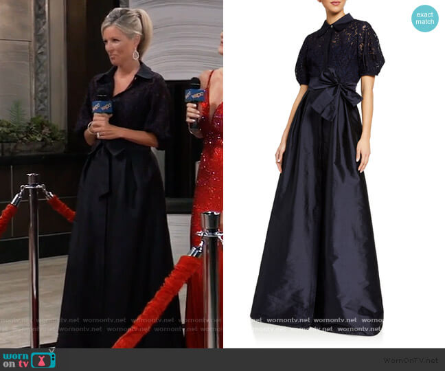 Rickie Freeman for Teri Jon Puff-Sleeve Lace-Bodice Taffeta-Skirt Shirtdress worn by Carly Spencer (Laura Wright) on General Hospital