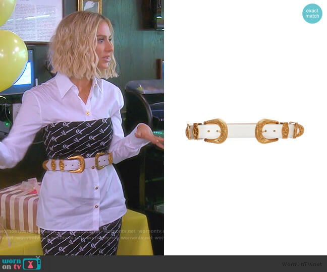 Versace Oro Tribute Double Buckle Belt worn by Dorit Kemsley on The Real Housewives of Beverly Hills