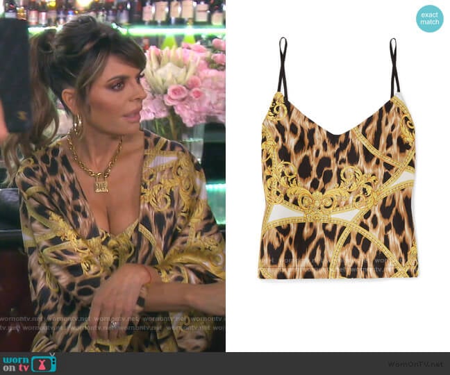 Versace Cropped Printed Silk-Twill Camisole worn by Lisa Rinna on The Real Housewives of Beverly Hills