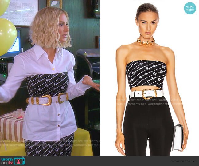 Versace Text Print Strapless Crop Top worn by Dorit Kemsley on The Real Housewives of Beverly Hills