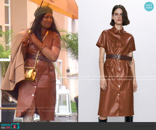 Zara Faux Leather Shirt Dress worn by Garcelle Beauvais on The Real Housewives of Beverly Hills
