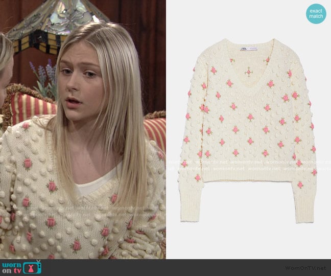 Zara Floral Pom Pom Sweater worn by Faith Newman (Alyvia Alyn Lind) on The Young and the Restless