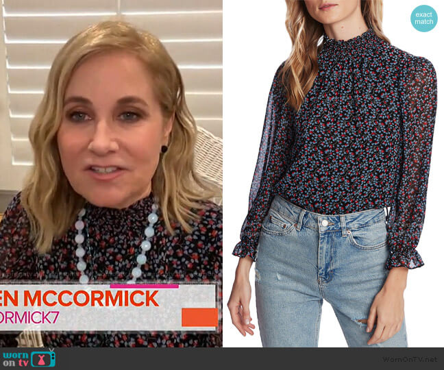 1.State Floral Smocked Mock Neck Blouse