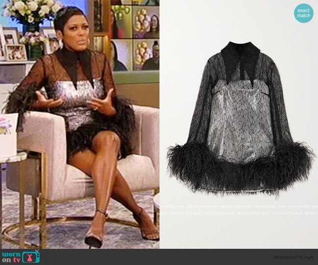 Michelle feather-trimmed lace and sequin-embellished satin mini dress 16 Arlington worn by Tamron Hall on Tamron Hall Show