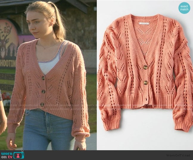American Eagle Pointelle Button Front Cardigan worn by Sterling Wesley (Maddie Phillips) on Teenage Bounty Hunters