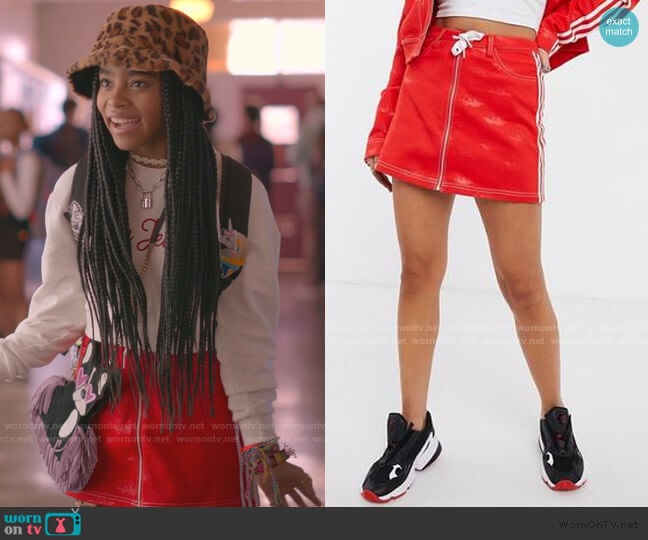 Adidas x Fiorucci Trefoil Denim Mini Skirt worn by Flynn (Jadah Marie) on Julie and the Phantoms