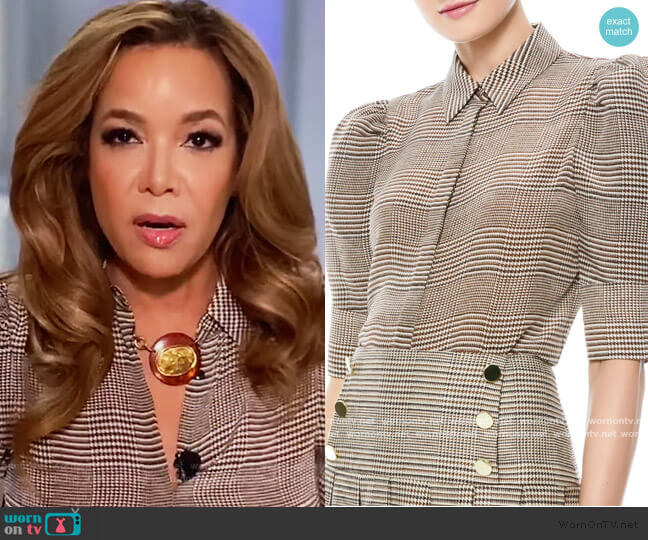Alice + Olivia Will Prince Of Wales Check Puff-Sleeve Silk-Blend Blouse worn by Sunny Hostin on The View