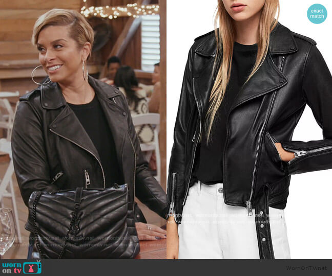 All Saints Balfern Leather Biker Jacket worn by Robyn Dixon on The Real Housewives of Potomac