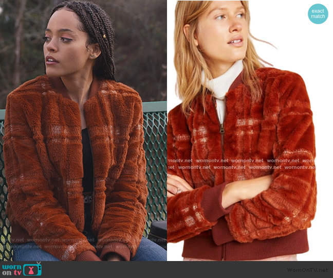 Anthropologie Brown Plaid Teddy Bomber Jacket worn by Tabitha Foster (Quintessa Swindell) on Trinkets