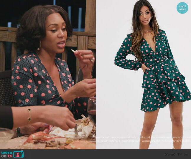 John Zack plunge front skater dress in contrast polka print worn by Monique Samuels on The Real Housewives of Potomac