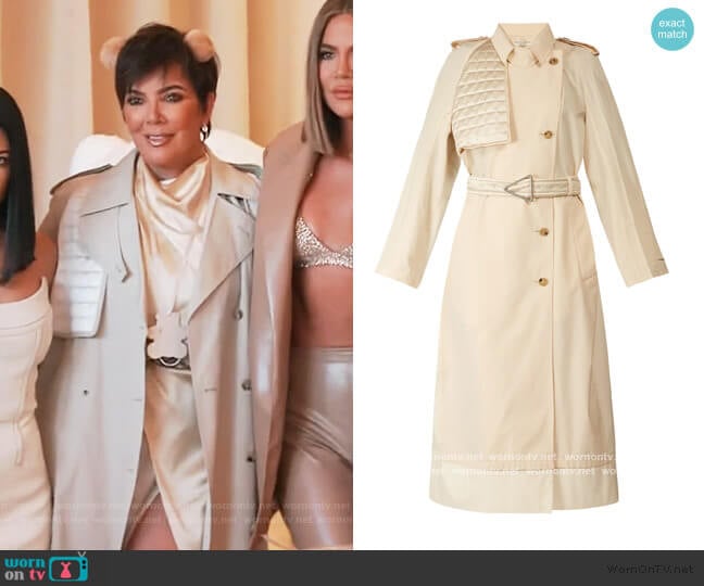 Bottega Veneta Contrast-panel belted trench coat worn by Kris Jenner on Keeping Up with the Kardashians