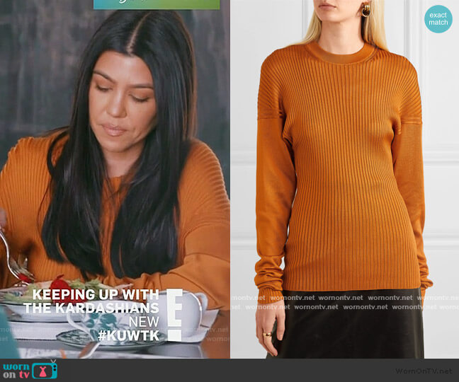 Bottega Veneta Paneled ribbed silk sweater worn by Kourtney Kardashian on Keeping Up with the Kardashians