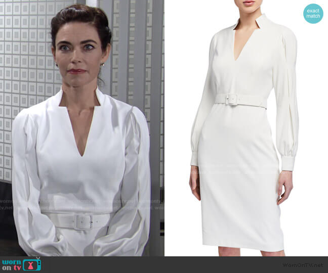 Badgley Mischka Collection Poet Long-Sleeve Notch-Neck Belted Dress worn by Victoria Newman (Amelia Heinle) on The Young and the Restless