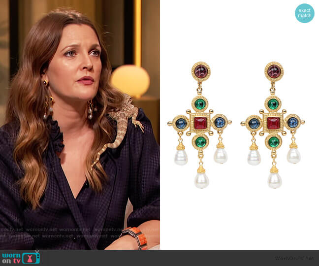 Ben-Amun Cross & Pearly Dangle Earrings worn by Drew Barrymore on The Drew Barrymore Show