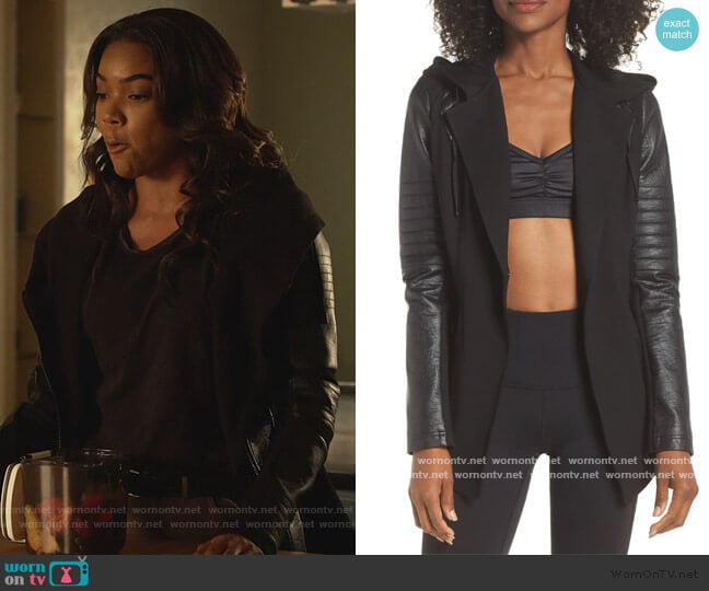 Blanc Noir Hooded Moto Blazer with Faux Leather Sleeves worn by Sydney Burnett (Gabrielle Union) on LA's Finest