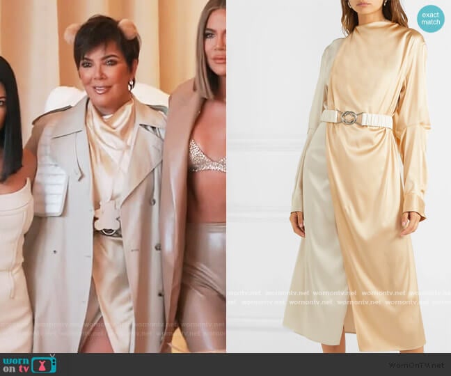 Bottega Veneta Two-Tone Draped Silk-Blend Midi Dress worn by Kris Jenner on Keeping Up with the Kardashians